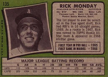 1971 Topps #135 Rick Monday Back