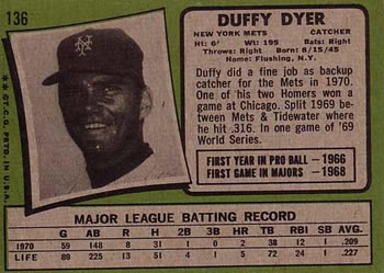 1971 Topps #136 Duffy Dyer Back