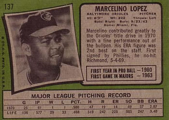 1971 Topps #137 Marcelino Lopez Back