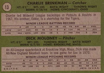 1971 Topps #13 White Sox 1971 Rookie Stars (Charlie Brinkman / Dick Moloney) Back