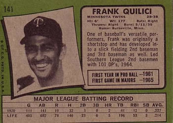 1971 Topps #141 Frank Quilici Back