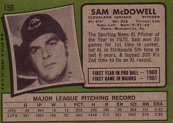 1971 Topps #150 Sam McDowell Back