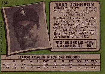 1971 Topps #156 Bart Johnson Back