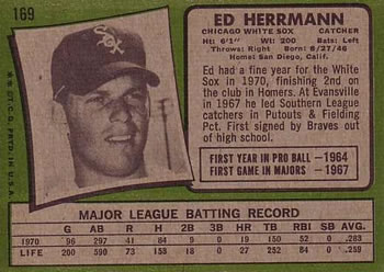 1971 Topps #169 Ed Herrmann Back