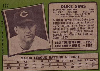 1971 Topps #172 Duke Sims Back