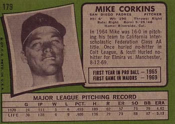 1971 Topps #179 Mike Corkins Back