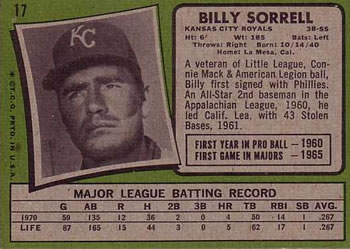 1971 Topps #17 Billy Sorrell Back