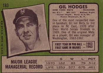 1971 Topps #183 Gil Hodges Back