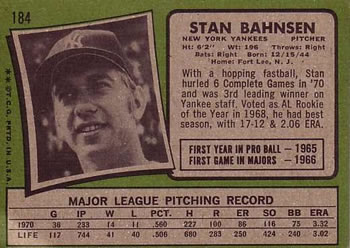 1971 Topps #184 Stan Bahnsen Back