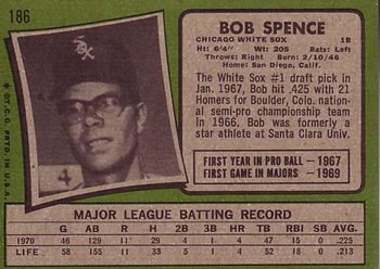 1971 Topps #186 Bob Spence Back