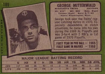 1971 Topps #189 George Mitterwald Back