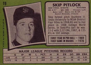 1971 Topps #19 Skip Pitlock Back
