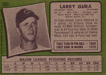 1971 Topps #203 Larry Gura Back
