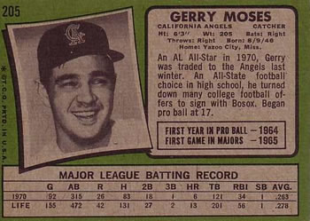 1971 Topps #205 Gerry Moses Back