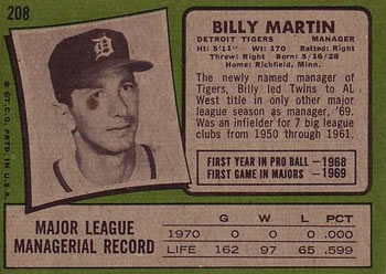 1971 Topps #208 Billy Martin Back