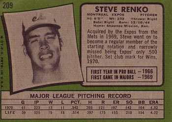 1971 Topps #209 Steve Renko Back