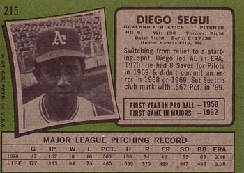 1971 Topps #215 Diego Segui Back