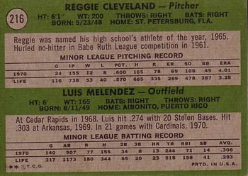 1971 Topps #216 Cards 1971 Rookie Stars (Reggie Cleveland / Luis Melendez) Back