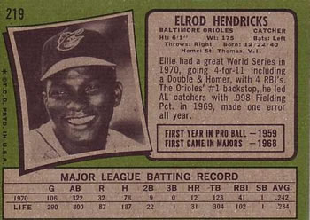 1971 Topps #219 Elrod Hendricks Back