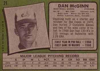 1971 Topps #21 Dan McGinn Back