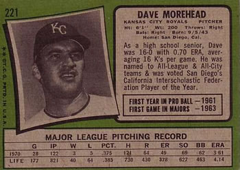 1971 Topps #221 Dave Morehead Back