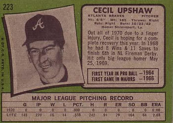 1971 Topps #223 Cecil Upshaw Back