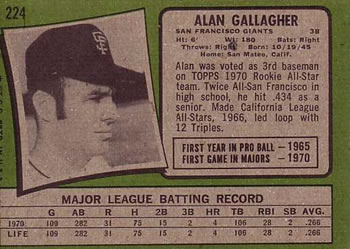 1971 Topps #224 Alan Gallagher Back