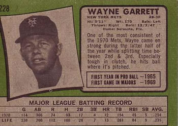 1971 Topps #228 Wayne Garrett Back