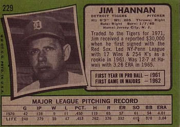 1971 Topps #229 Jim Hannan Back