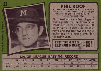 1971 Topps #22 Phil Roof Back