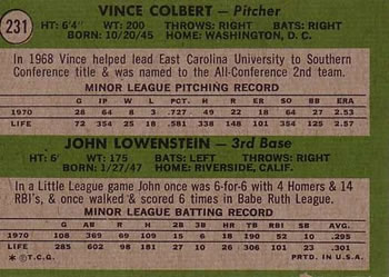 1971 Topps #231 Indians 1971 Rookie Stars (Vince Colbert / John Lowenstein) Back