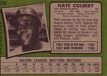 1971 Topps #235 Nate Colbert Back