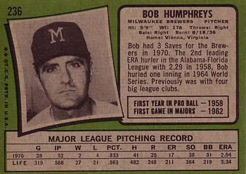 1971 Topps #236 Bob Humphreys Back