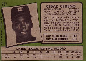 1971 Topps #237 Cesar Cedeno Back