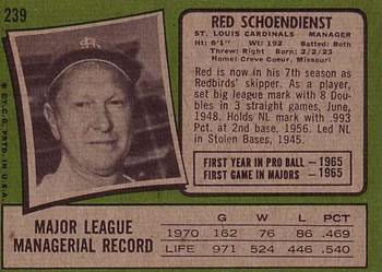 1971 Topps #239 Red Schoendienst Back