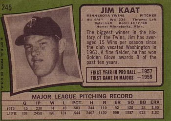 1971 Topps #245 Jim Kaat Back