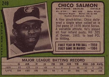 1971 Topps #249 Chico Salmon Back