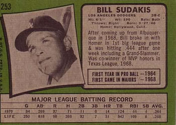 1971 Topps #253 Bill Sudakis Back