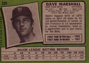 1971 Topps #259 Dave Marshall Back