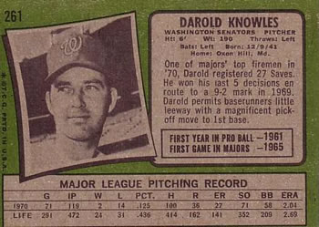 1971 Topps #261 Darold Knowles Back