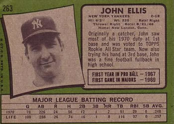 1971 Topps #263 John Ellis Back