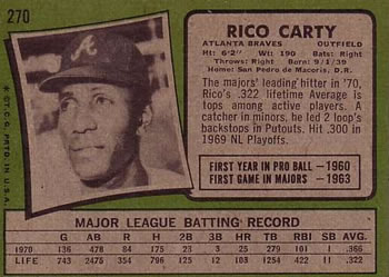 1971 Topps #270 Rico Carty Back