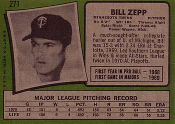 1971 Topps #271 Bill Zepp Back