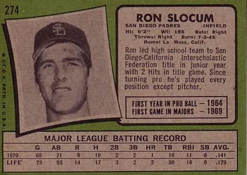 1971 Topps #274 Ron Slocum Back
