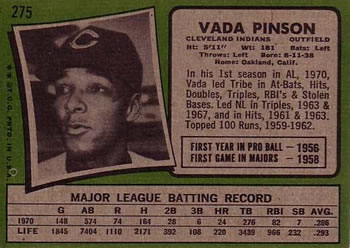 1971 Topps #275 Vada Pinson Back