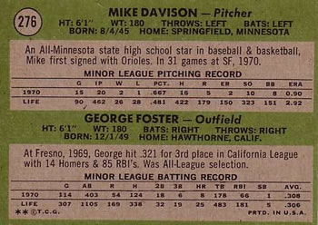 1971 Topps #276 Giants 1971 Rookie Stars (Mike Davison / George Foster) Back