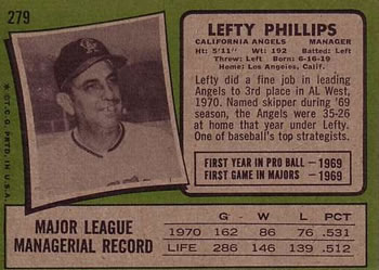 1971 Topps #279 Lefty Phillips Back