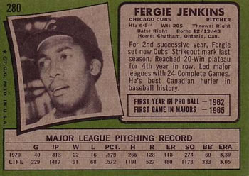 1971 Topps #280 Fergie Jenkins Back