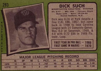 1971 Topps #283 Dick Such Back