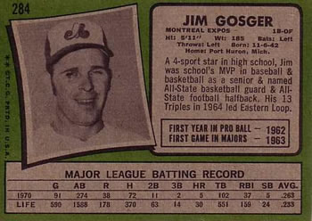 1971 Topps #284 Jim Gosger Back
